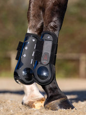 Cloe-up side view of a horse wearing the black LeMieux Derby Projump Tendon Boots while standing in an arena