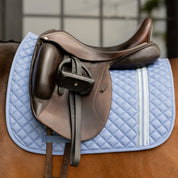 Side closeup view of horse wearing Dusk Blue Equinavia Harstad Ribbon Dressage Pad