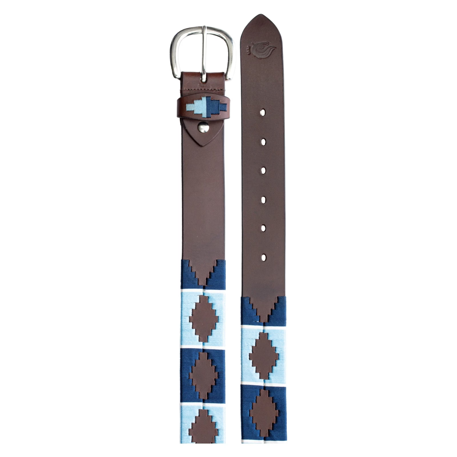 Top view of the buckle and tail end of the light blue and navy brown-leather Equinavia Siri Polo Belt on a white background