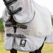 Front view of horse wearing slate grey sheet showing dual chest buckles