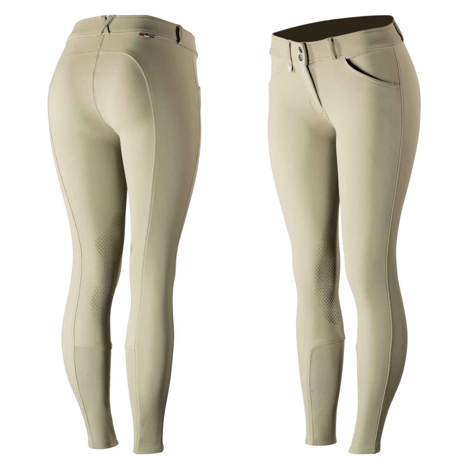 Side by side front and back views of the tan Horze Grand Prix Silicone Knee Patch Breeches on a white background