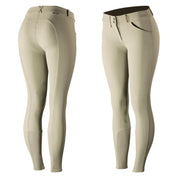Side by side front and back views of the tan Horze Grand Prix Silicone Knee Patch Breeches on a white background