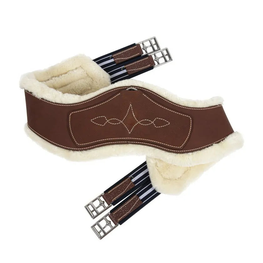 Full view of the Antares Sheepskin Girth Liner under a brown girth on a white background
