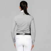 Back view of a model wearing Dapple Gray Equinavia Juni Long Sleeve Show Shirt on a plain background