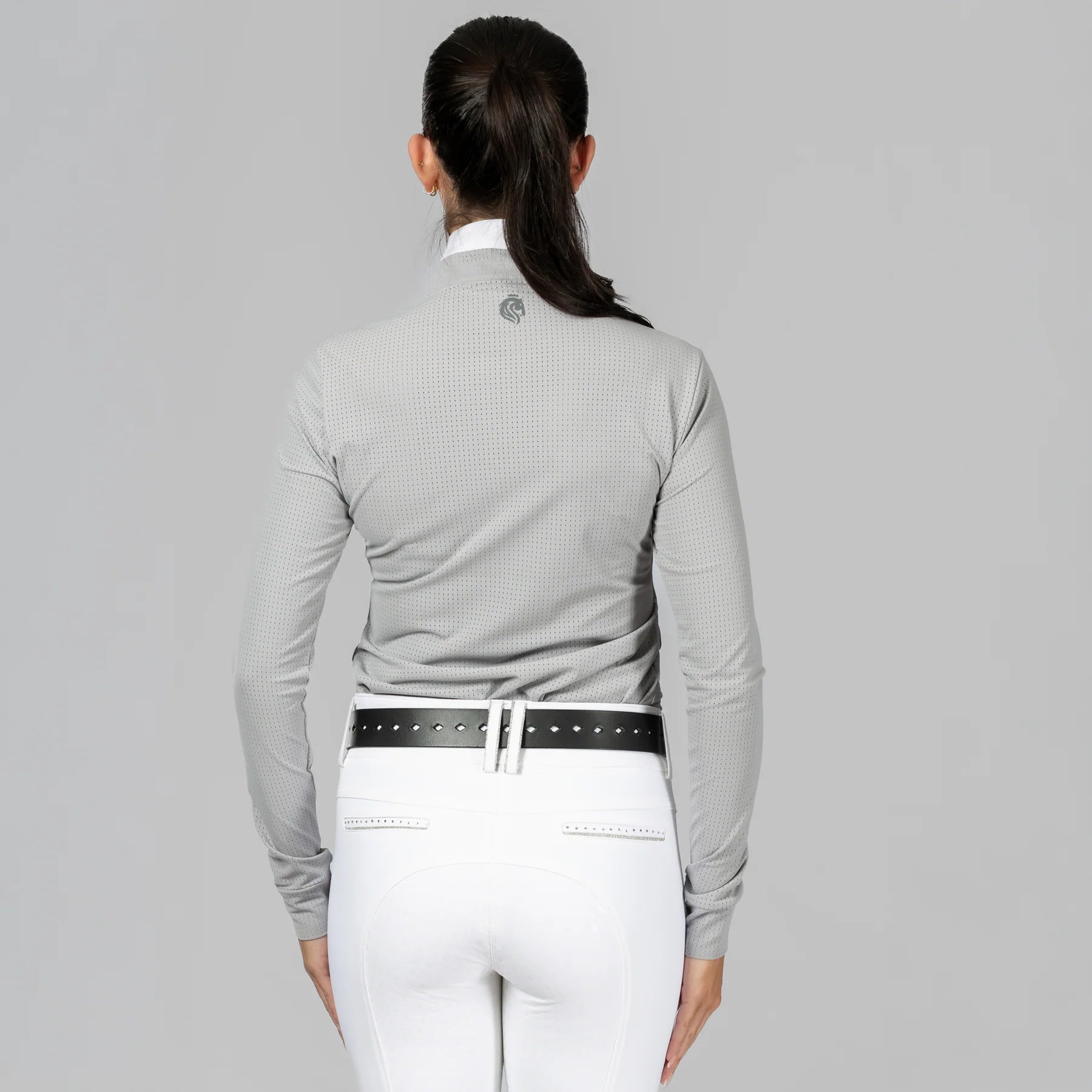 Back view of a model wearing Dapple Gray Equinavia Juni Long Sleeve Show Shirt on a plain background