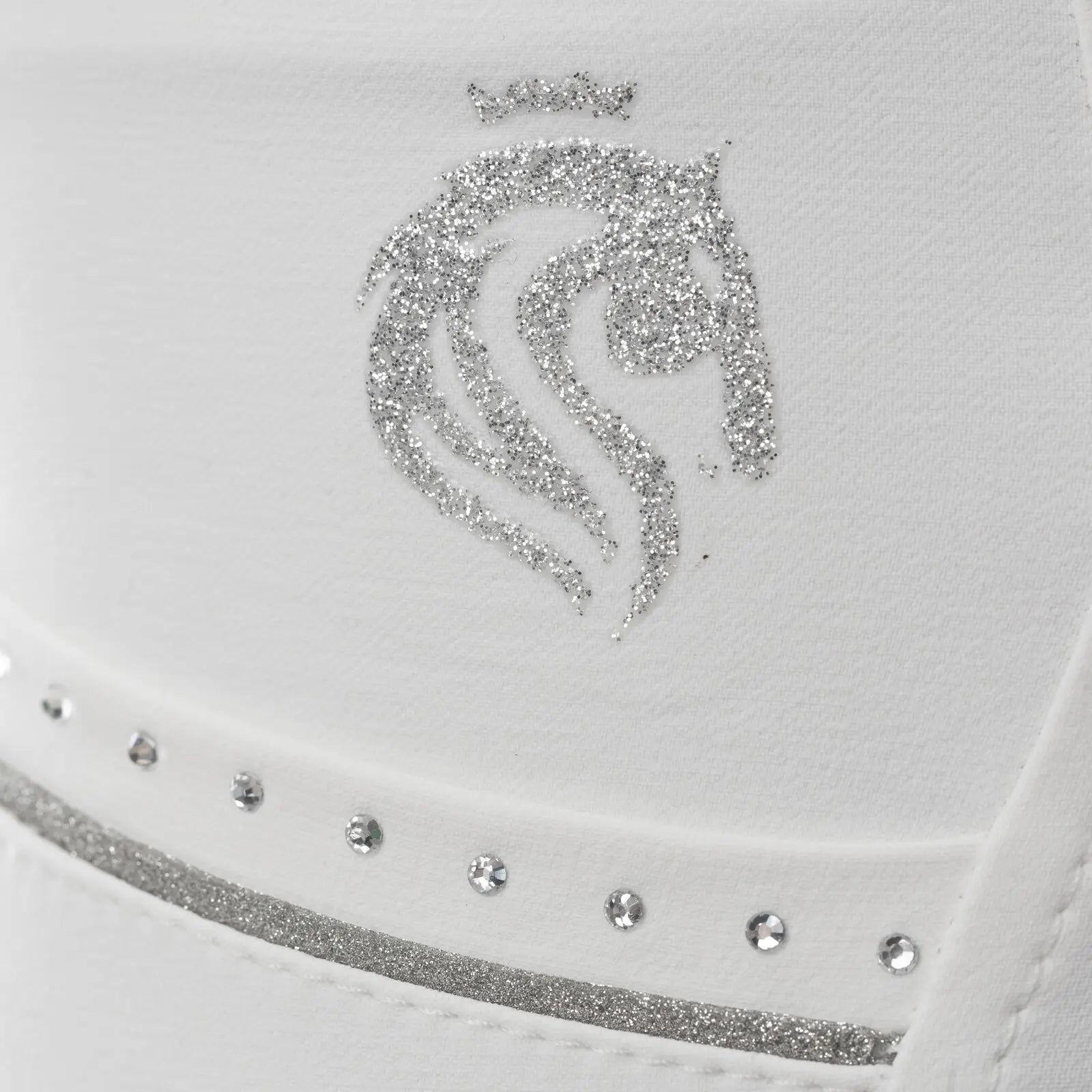 Close-up view of the glitter and rhinestone details on the white Equinavia Victoria Full Seat Breeches