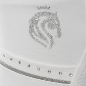 Close-up view of the glitter and rhinestone details on the white Equinavia Victoria Full Seat Breeches