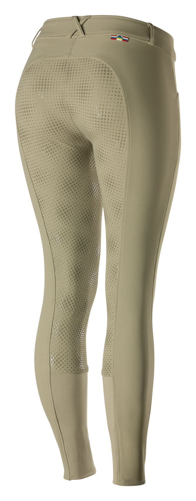 Back view of the tan Horze Grand Prix Silicone Full Seat Breeches on a white background