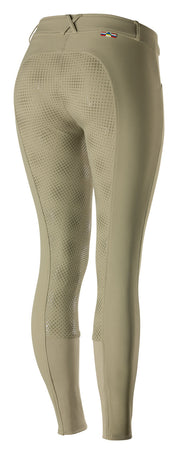 Back view of the tan Horze Grand Prix Silicone Full Seat Breeches on a white background