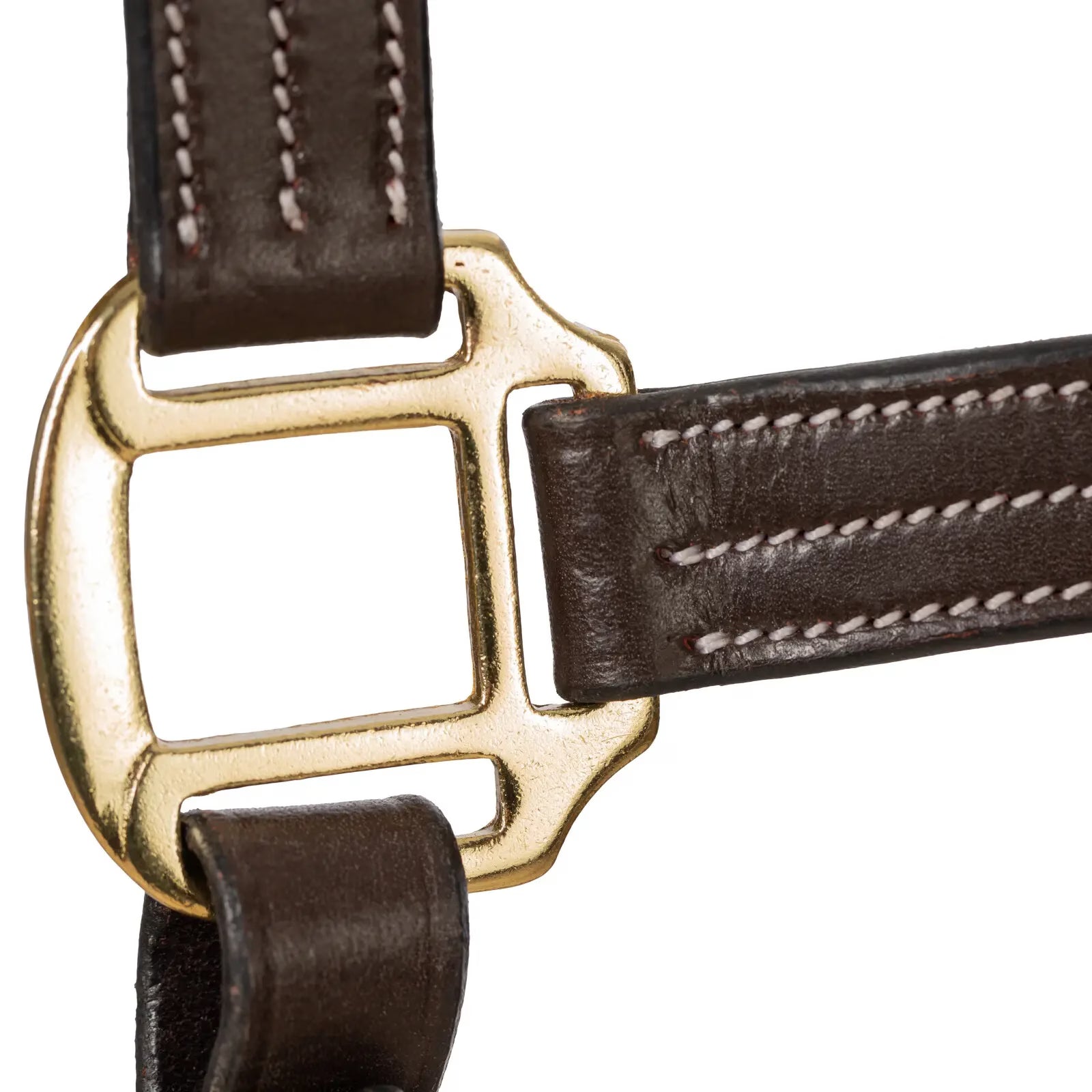 Close-up view of the cheek hardware on the Equinavia Valkyrie Triple Stitched Halter on a white background