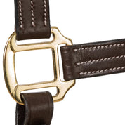 Close-up view of the cheek hardware on the Equinavia Valkyrie Triple Stitched Halter on a white background