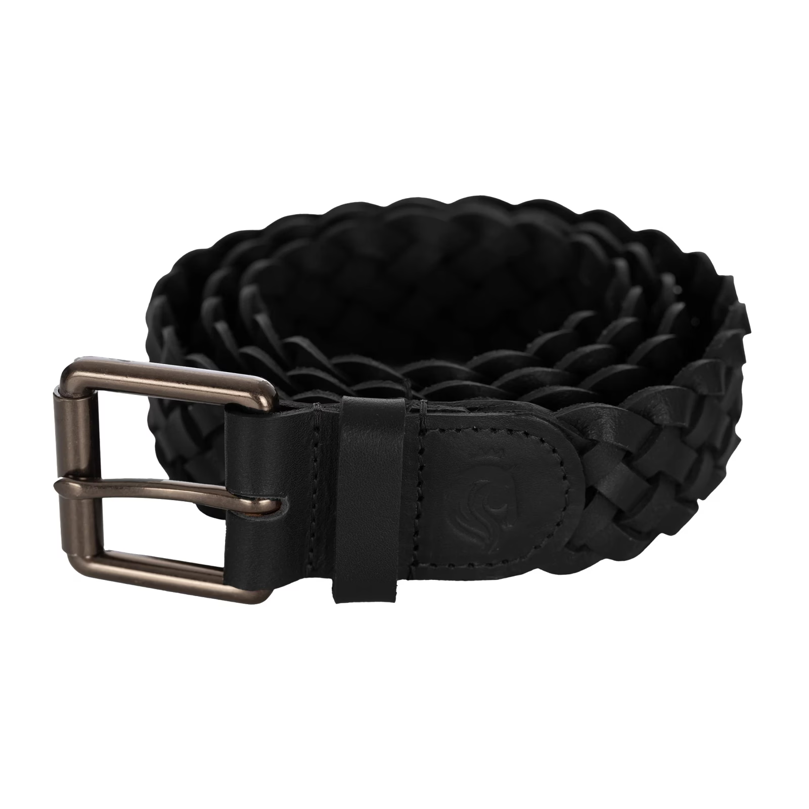 View of the black Equinavia Kari Braided Belt on a white background