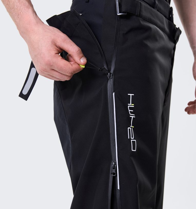 Close-up of Horseware H2O Trousers in black showing side zipper opening