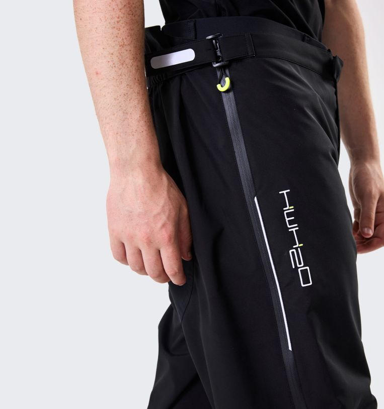 Close-up of Horseware H2O Trousers in black showing zip pocket and logo on thigh