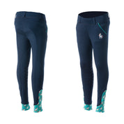 Back and front views of the navy Equinavia Lena Kids Knee Patch Pull On Breeches on a white background