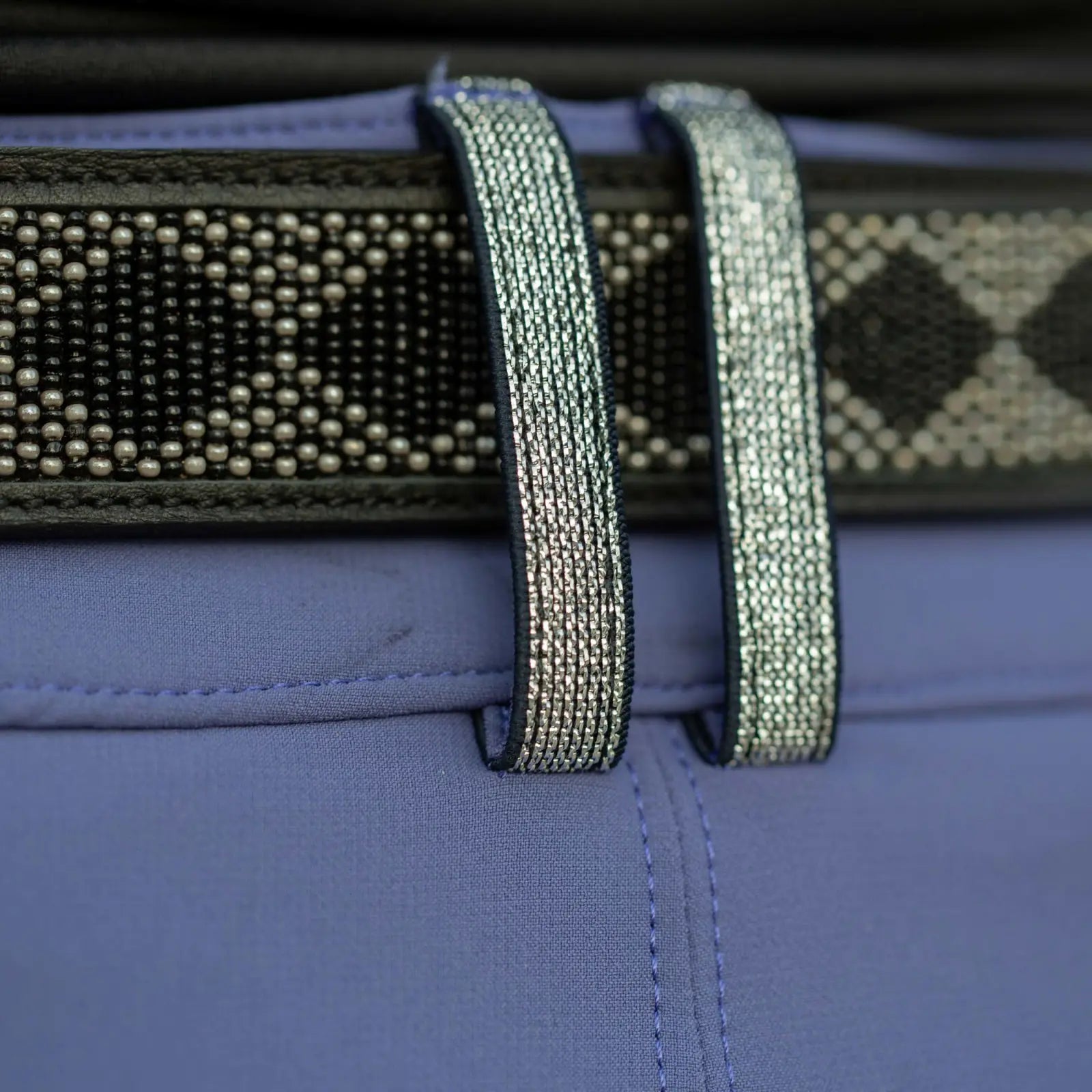 Close-up back view of the belt loop details on the blue Equinavia Kristina Knee Patch Breeches