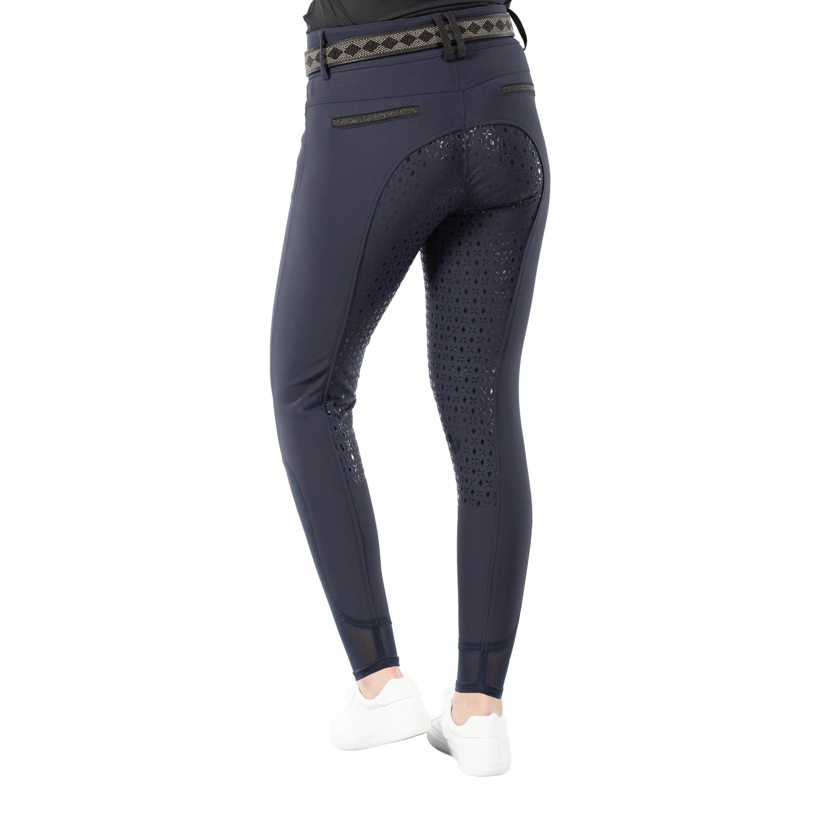 Back view of a model wearing the Equinavia Kristina Full Seat Breeches in navy on a white background