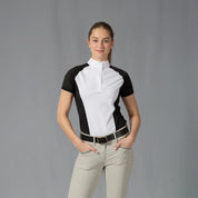 Front view of a model wearing the Equinavia Sara Womens Perforated Short Sleeved Show Shirt in black and white on a gray background
