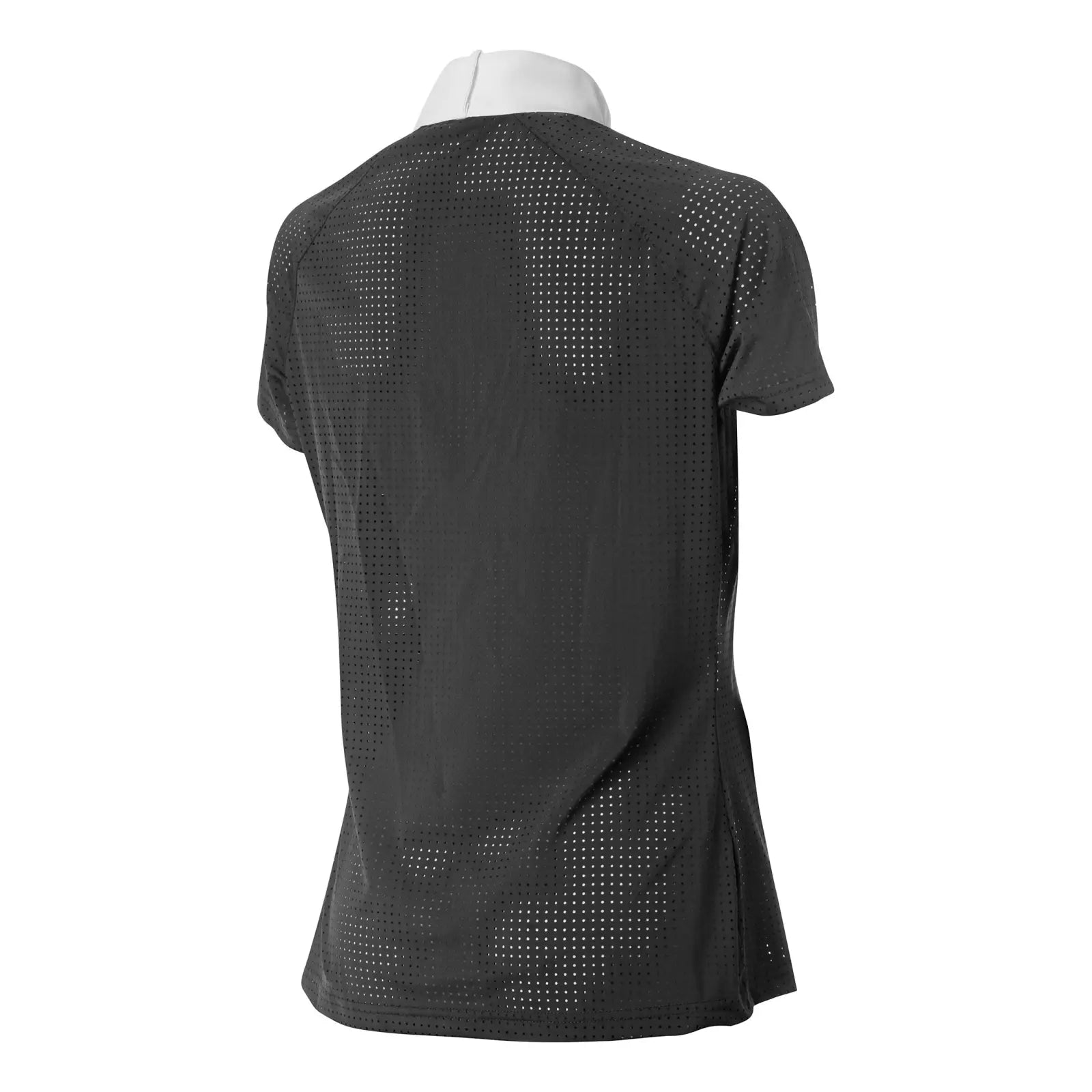 Back view of the Equinavia Sara Womens Perforated Short Sleeved Show Shirt in black and white on a white background