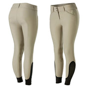 Side-by-side front and back views of the tan Equinavia Maud Knee Patch Breeches on a white background