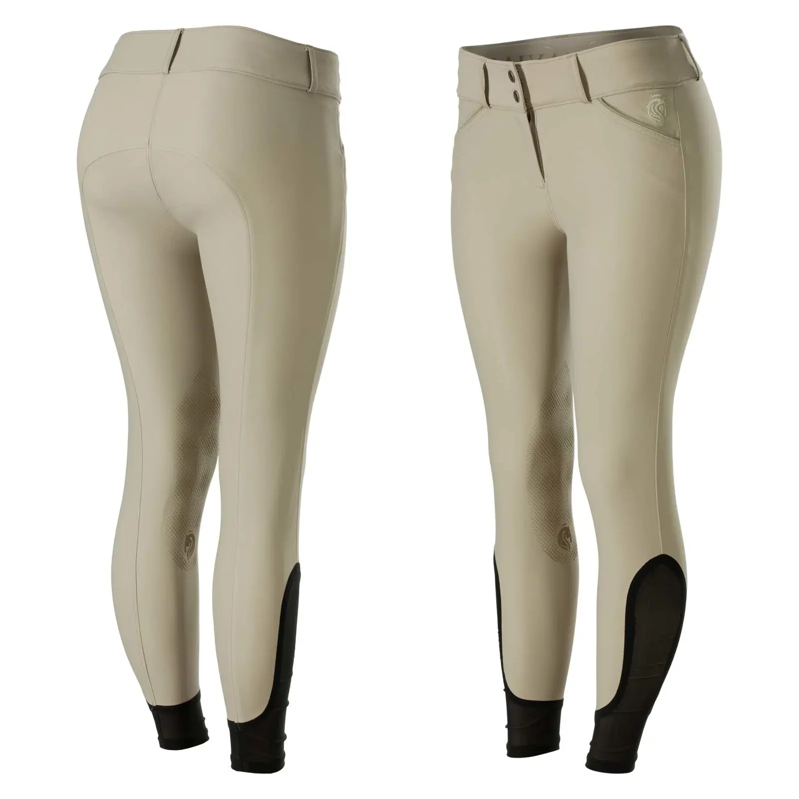 Side-by-side front and back views of the tan Equinavia Maud Knee Patch Breeches on a white background