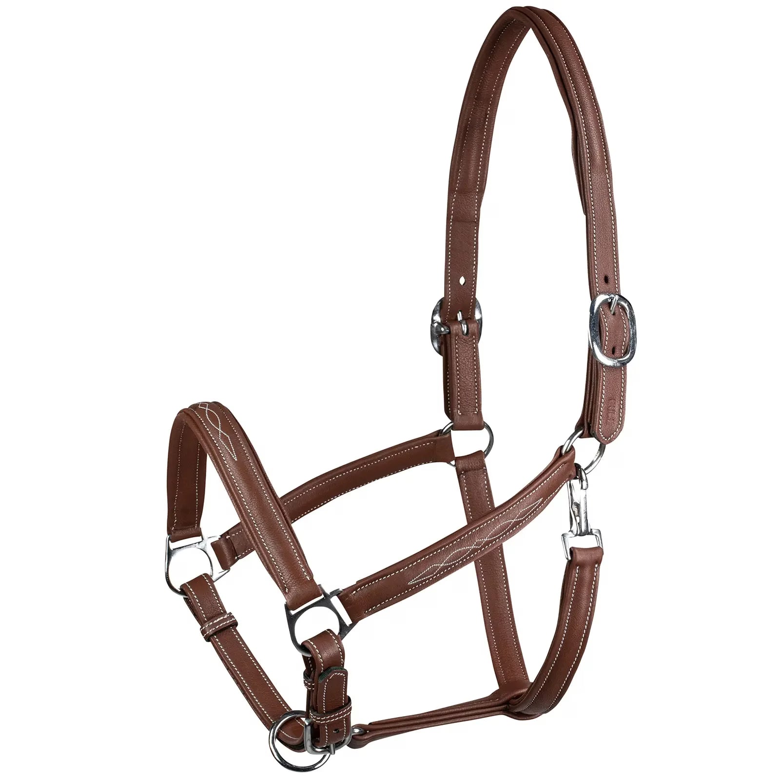 Angled side view of the brown Horze Warren Soft Leather Halter on a white background