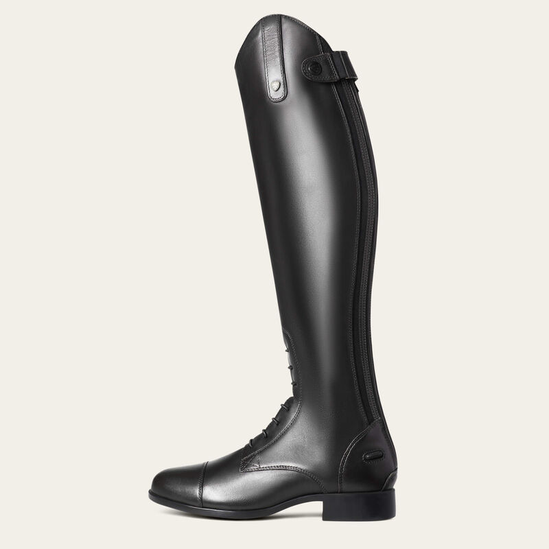 Side view of the black Ariat Heritage Contour II Field Zip Tall Riding Boot on a gray background