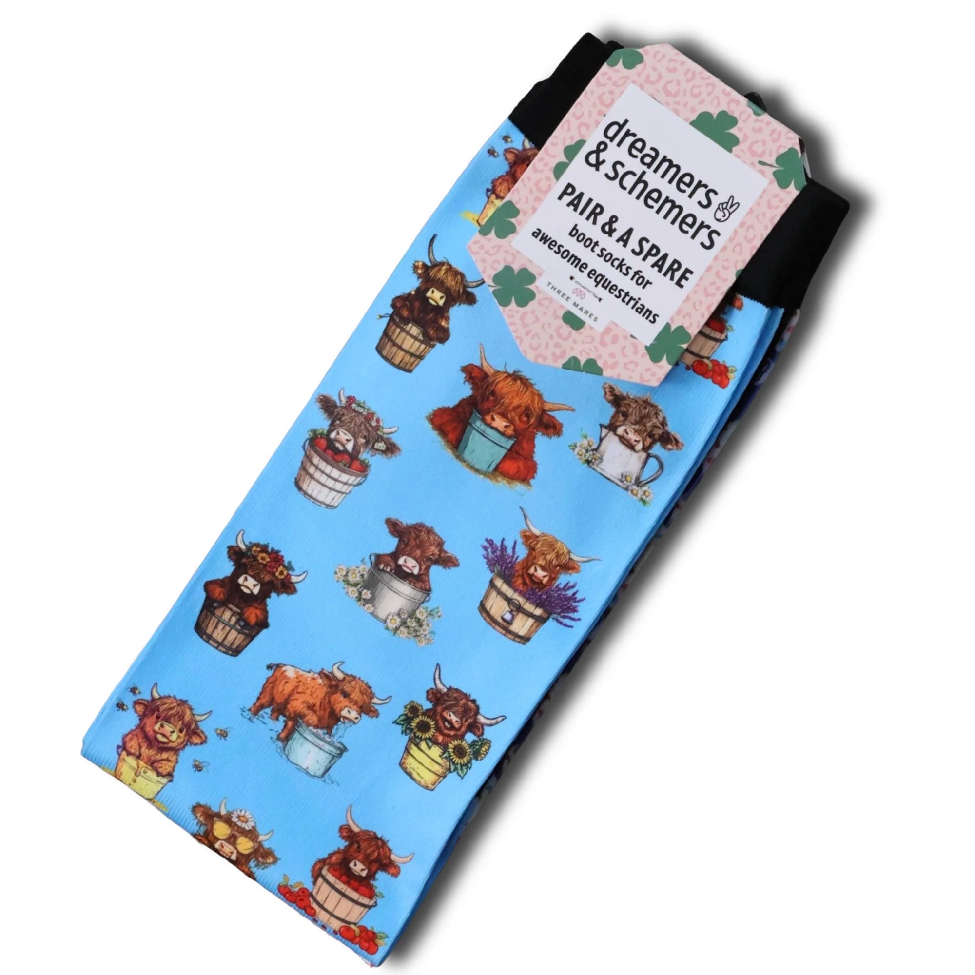 Front view of the Highland Cow Dreamers & Schemers Pair & A Spare Boot Socks on a white background