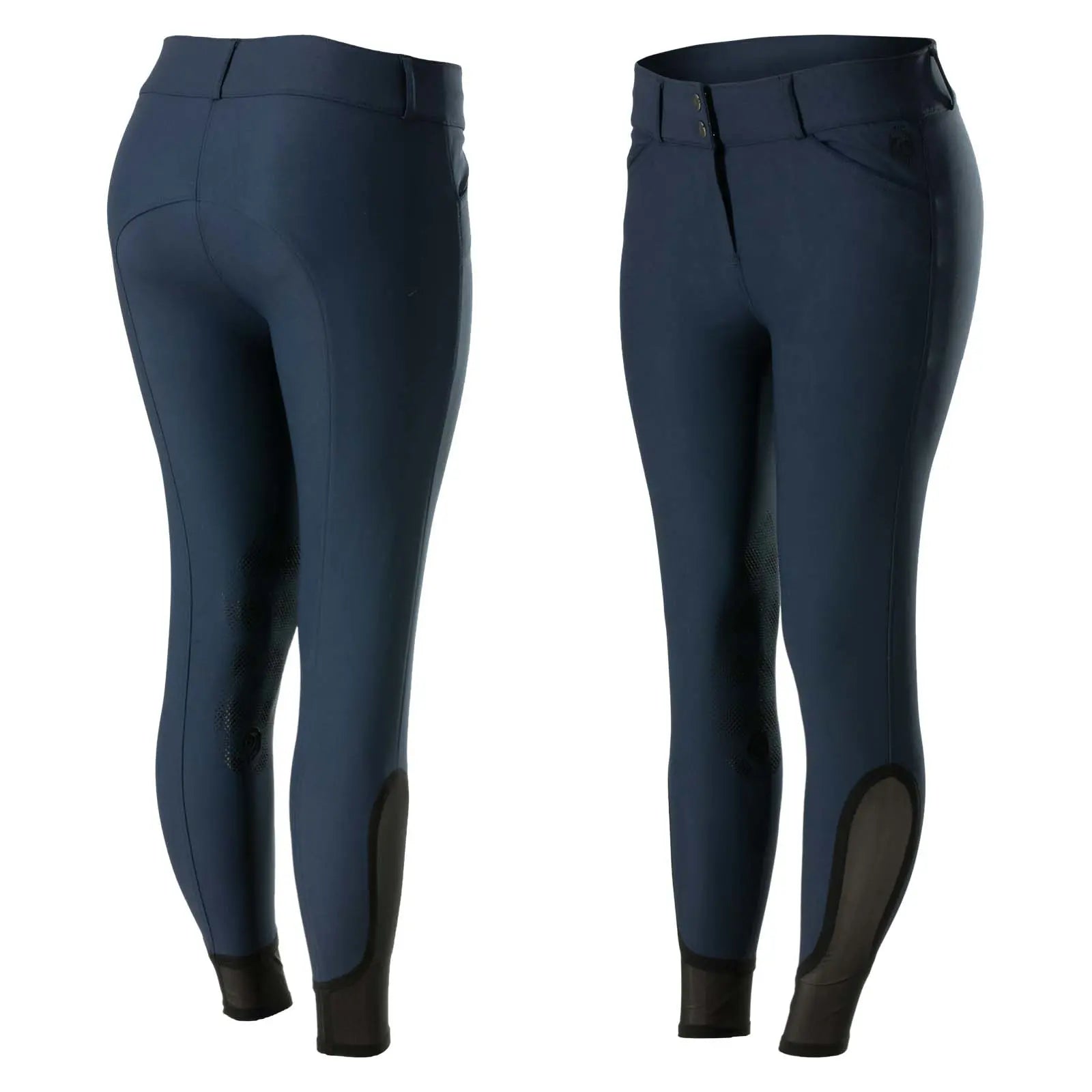 Side-by-side front and back views of the navy Equinavia Maud Knee Patch Breeches on a white background