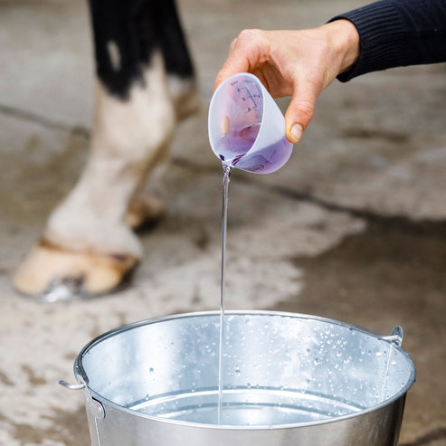 View of someone pouring Hairy Pony Essential Oil Coat Conditioner from a cup into a metal bucket