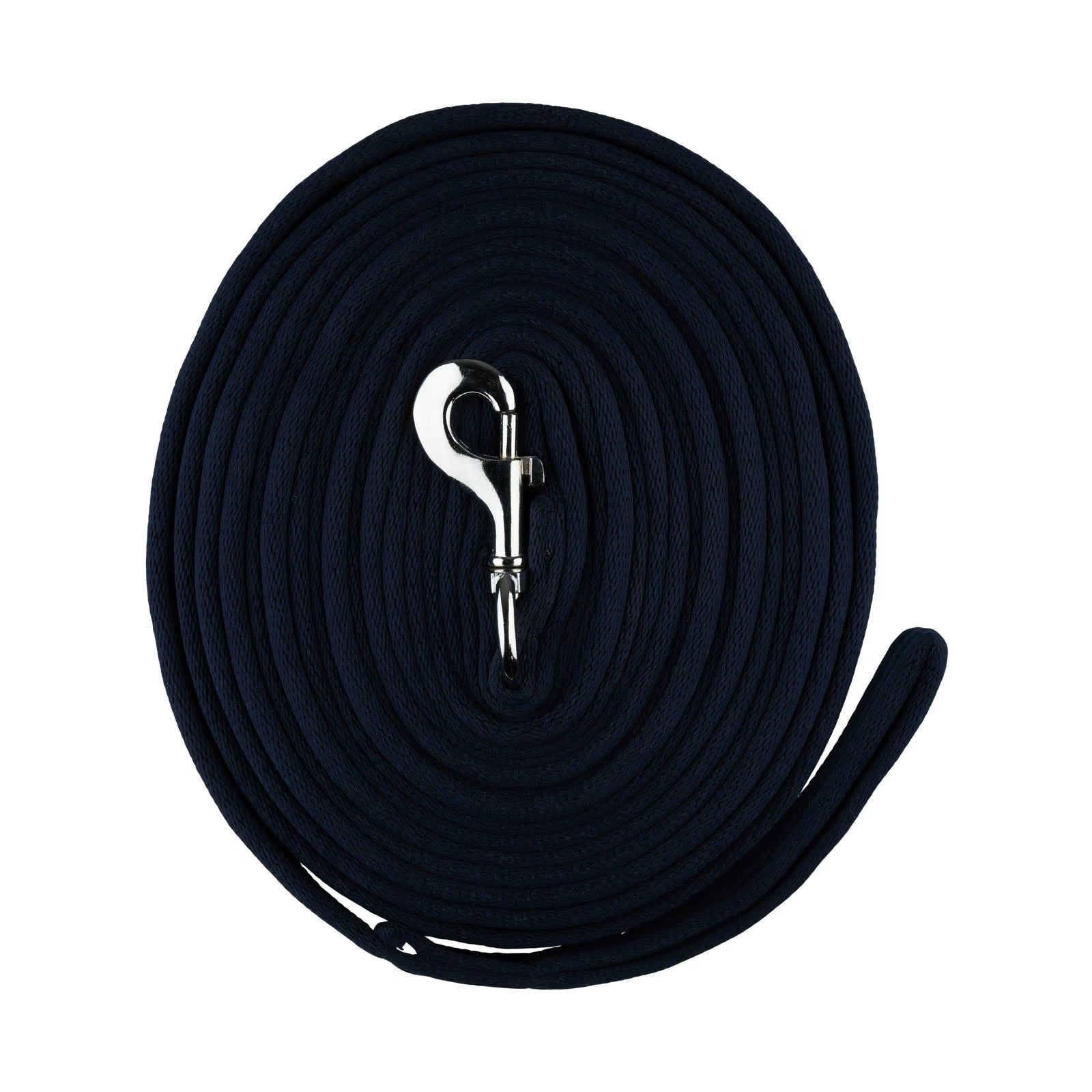 Full view of a coiled dark blue Horze Lunge Line on a white background