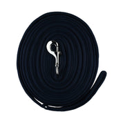 Full view of a coiled dark blue Horze Lunge Line on a white background
