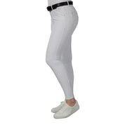 Side view of a model wearing the white B Vertigo Olivia Sillicon Full Seat Breeches on a white background