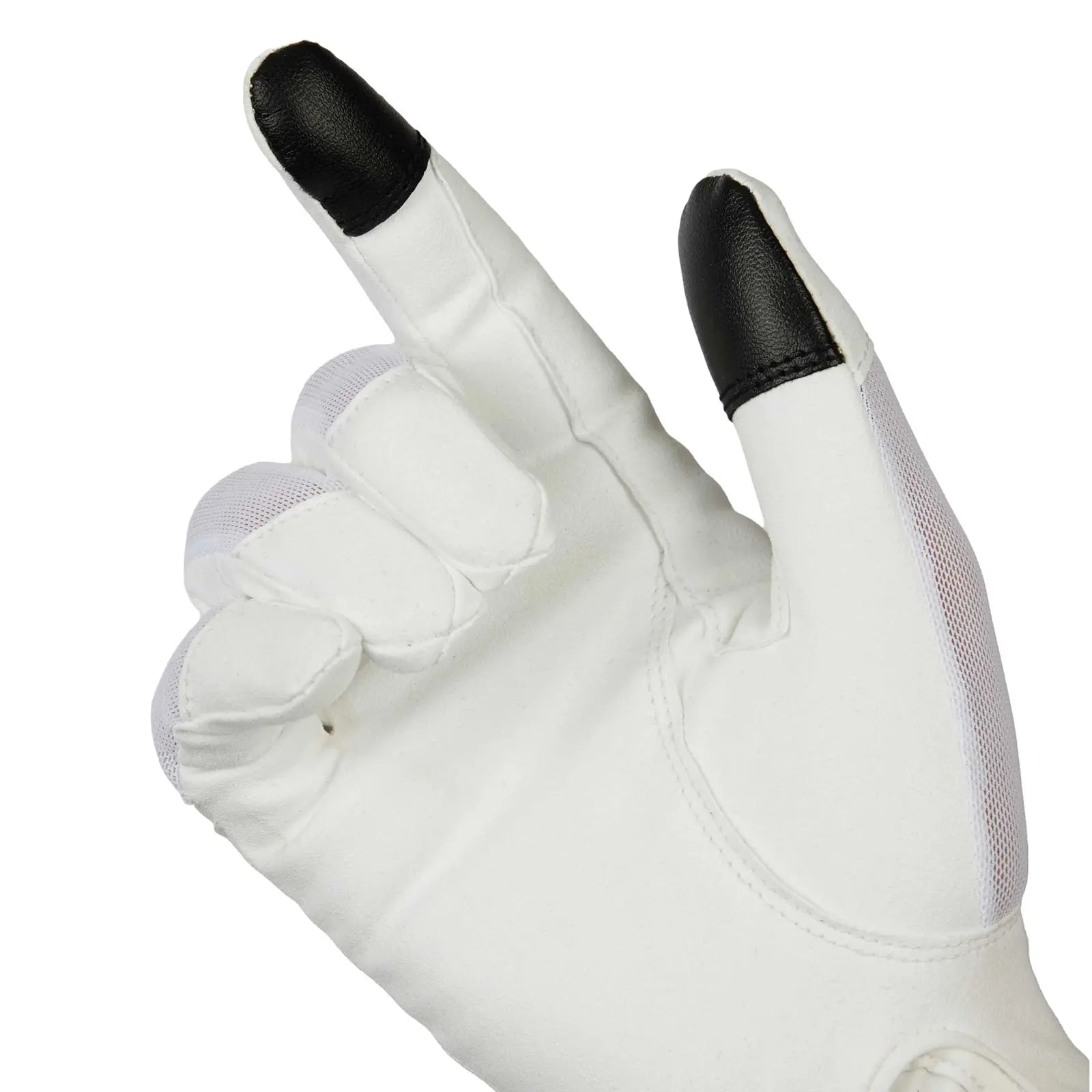 Hand wearing Equinavia B Vertigo Lux Show Glove in white demonstrating black touchscreen fingertip on thumb and pointer finger