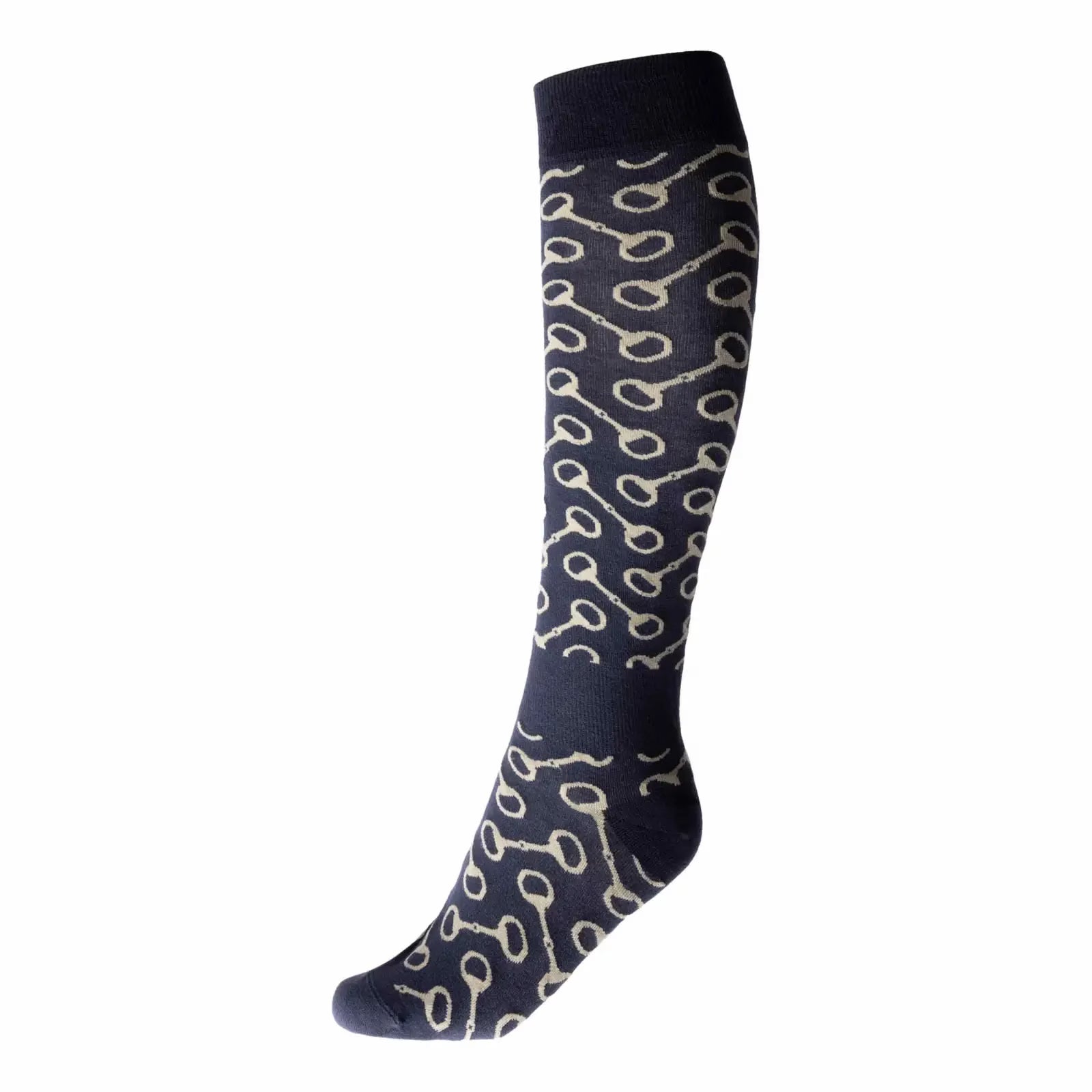 Side view of a navyHorze Caro Knee Sock with tan bit accents on a white background