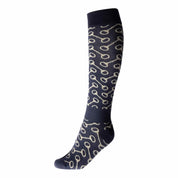 Side view of a navyHorze Caro Knee Sock with tan bit accents on a white background