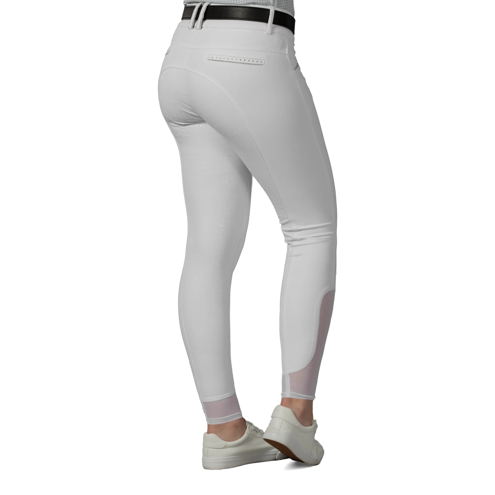 Back view of a model wearing the white Equinavia Victoria Full Seat Breeches on a white background