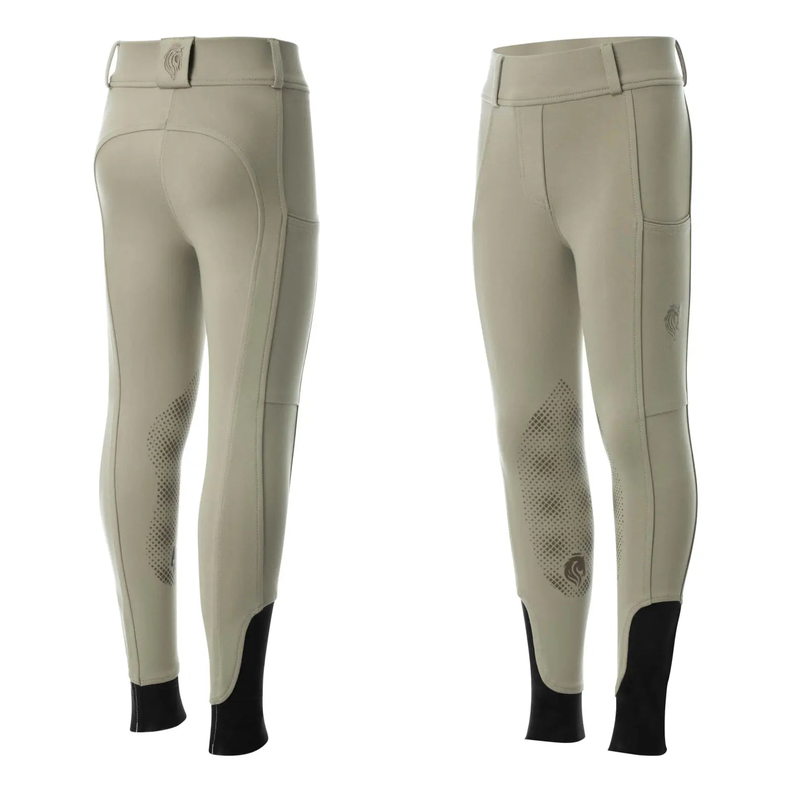 Back and front views, side by side, of the Equinavia Greta Kids Pull On Knee Patch Breeches in Tan