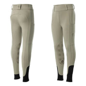 Back and front views, side by side, of the Equinavia Greta Kids Pull On Knee Patch Breeches in Tan