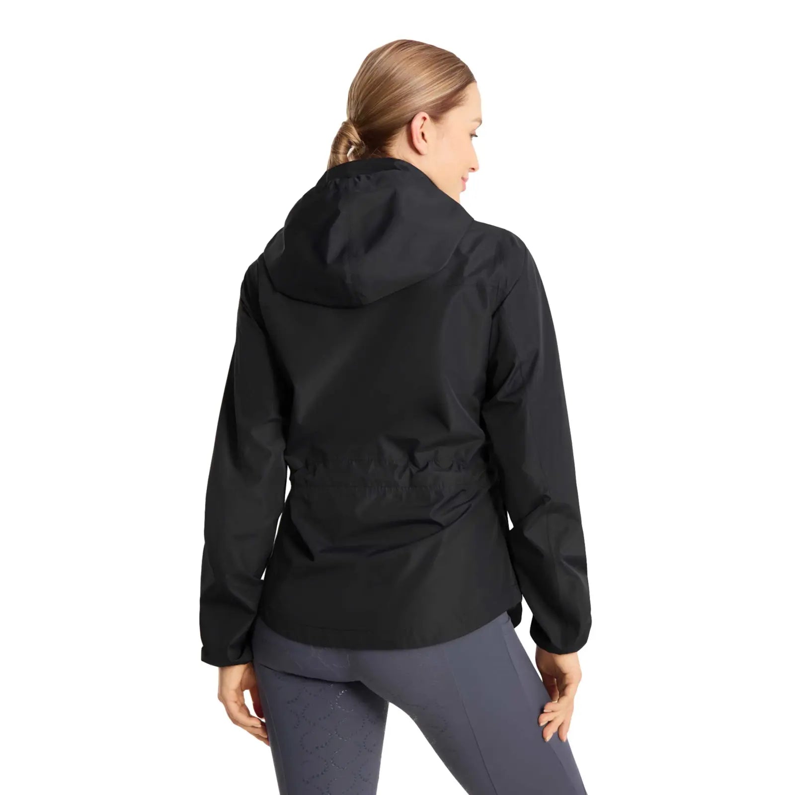 Back view of a model wearing the navy Horze Fiora Lightweight Waterproof Jacket on a white background
