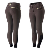 Side-by-side back and front views of the brown Equinavia Kristina Knee Patch Breeches on a white background