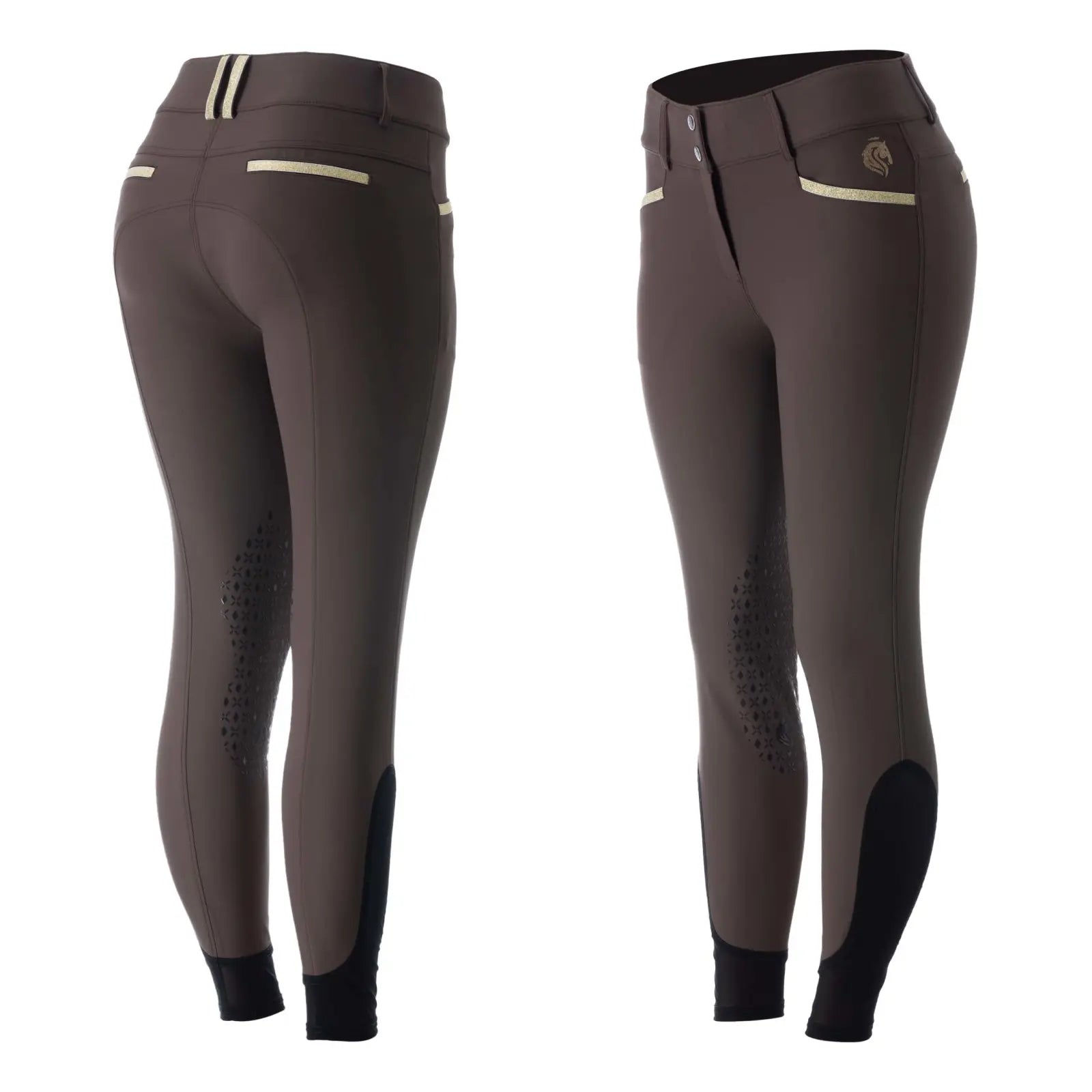 Side-by-side back and front views of the brown Equinavia Kristina Knee Patch Breeches on a white background