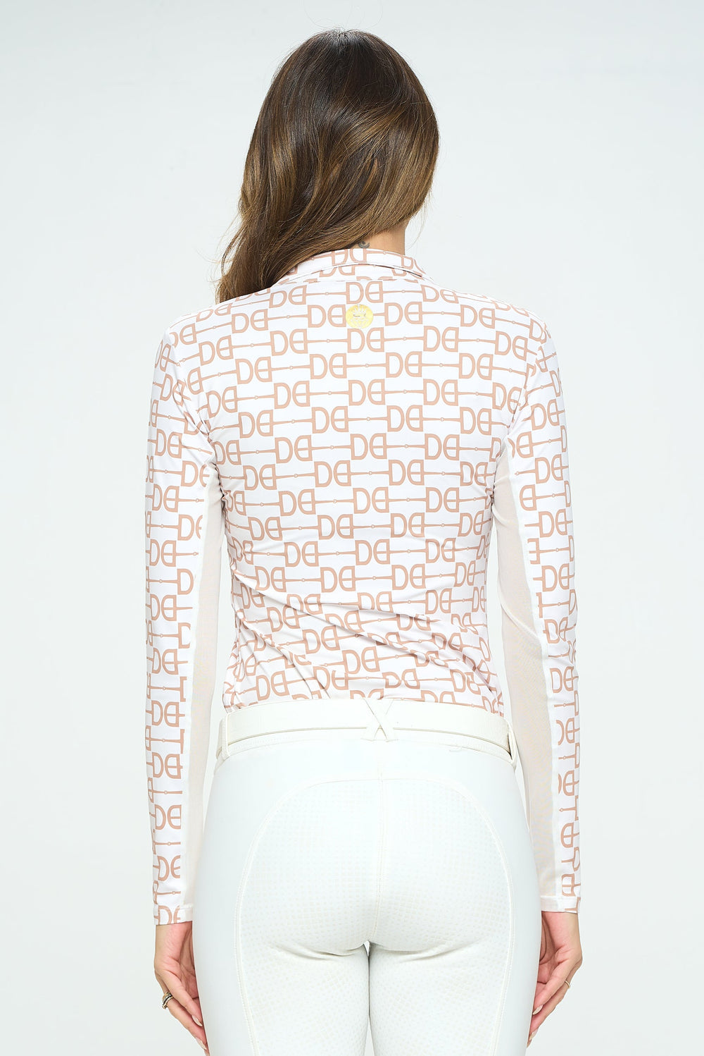 Back view of the gold Dancing Equestrian Signature DE Sunshirt on a white background