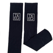 View of a pair of black TKEQ Logo Boot Socks on a white background