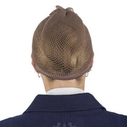Back view of person wearing TuffRider hair net in medium brown over a bun