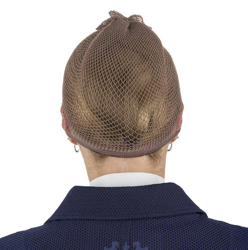 Back view of person wearing TuffRider hair net in medium brown over a bun
