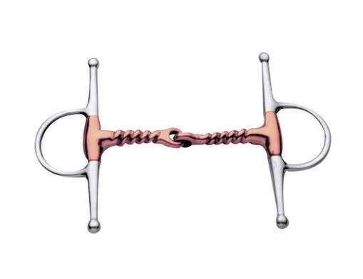 A copper and silver stainless steel horse bit with a twisted center and full cheek rings, shown on a plain white background.