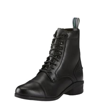 A black leather lace-up ankle boot with a low block heel and a pull tab at the back, shown from a three-quarters angle on a white background.