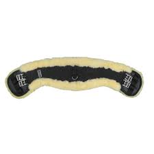 A black and beige fleece-lined dressage girth with white embroidered logos on both ends, shown against a plain white background.
