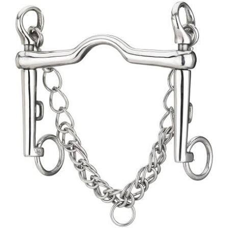 A polished silver horse bit with attached curb and mouth chains, shown against a plain white background.